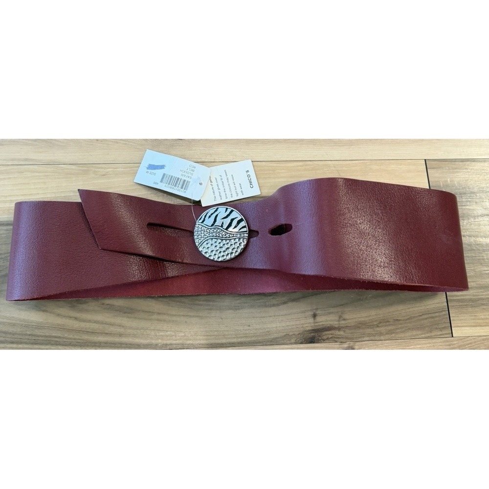 Chico's Wide Genuine Leather Belt Red Zebra Rhinestone Disc Buckle Glam Boho M - Picture 2 of 12